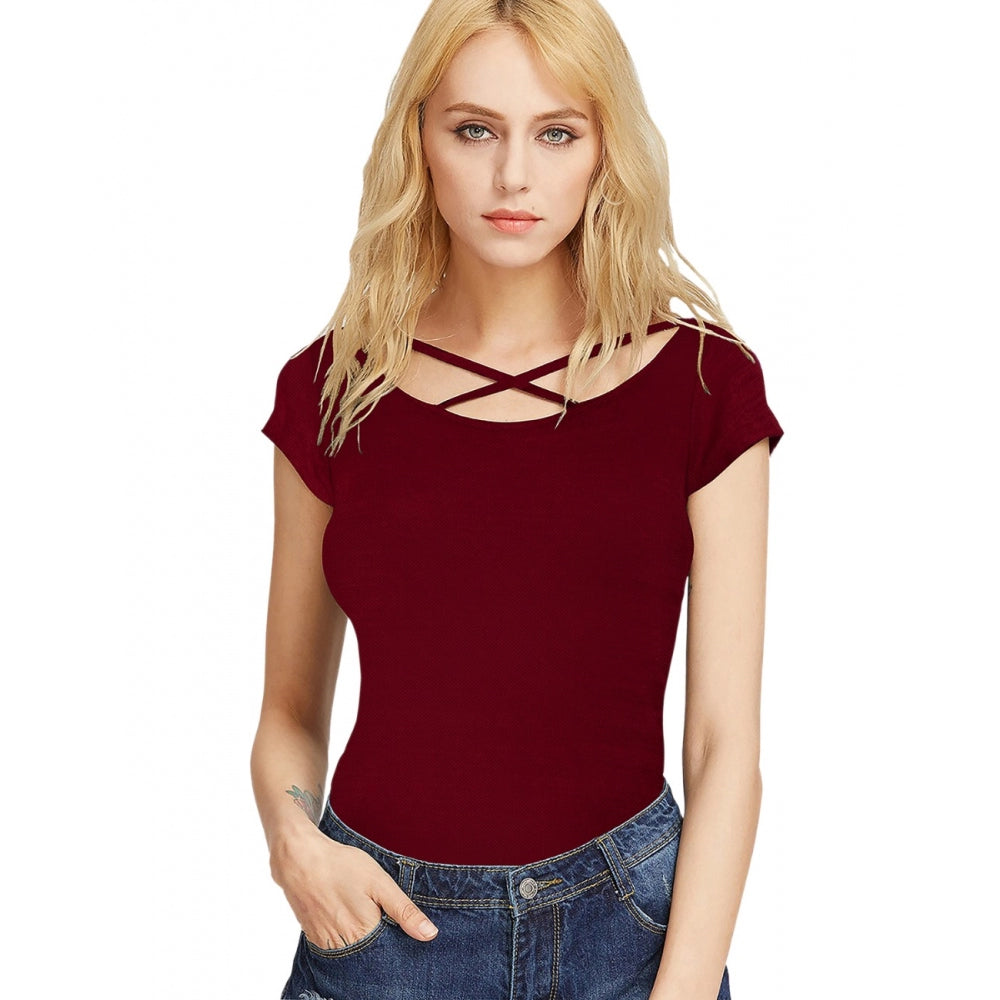 Generic Women's Western Wear Hosiery T Shirts (Maroon) Relaxed Cotton Short Blouse