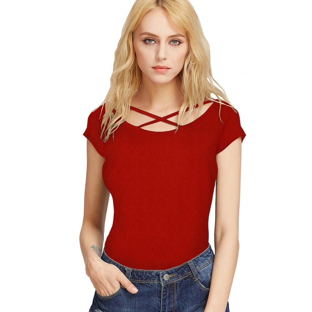 Generic Women's Western Wear Hosiery T Shirts (Red) Stylish Casual Short Tee