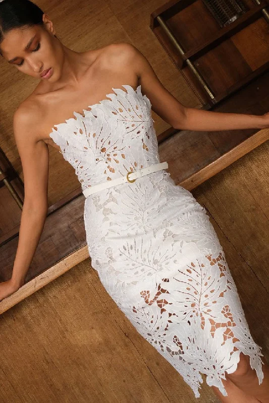 Glamorous Leaf Laser Cut Strapless Bandage Cocktail Midi Dress - White Trendy Fit-and-Flare Midi Dress