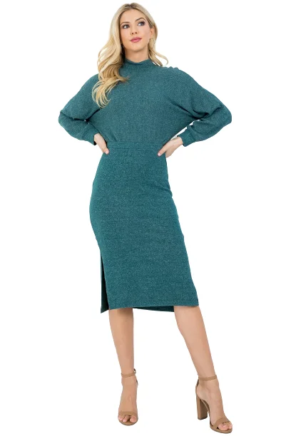 Green Turtle Neckline Cuffed Long Sleeve Knitted Midi Dress - Pack of 6 Elegant Pleated Detail Midi Dress