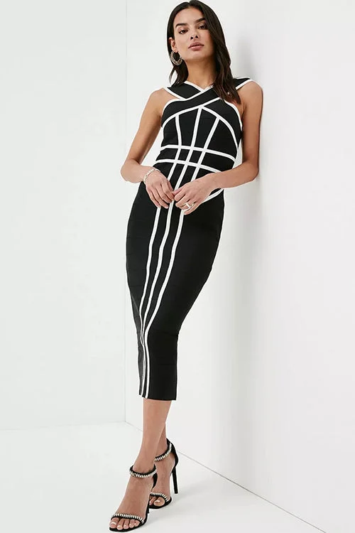 Black Bandage Dress Bandage Midi Dress with Slit Striped Dress Trendy Boho Midi Dress