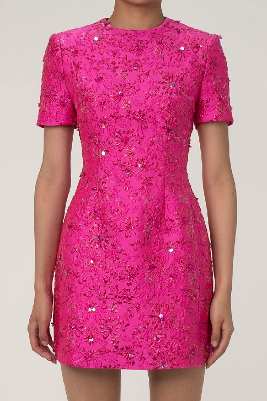 Intricate Sequin Lurex Jacquard Floral Crew Neck Short Sleeve Party Mini Dress Modern Satin Mini Dress