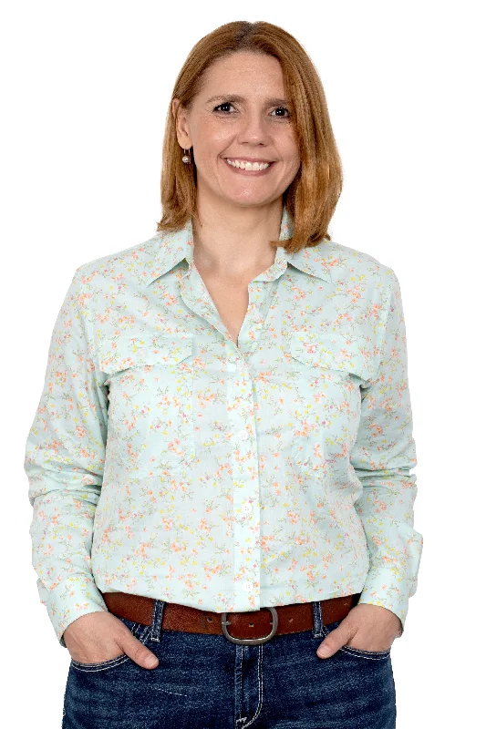 Just Country Abbey Full Button Print Workshirt Spearmint Wax Flowers - Black Friday Sale Casual Cotton Short Shirt