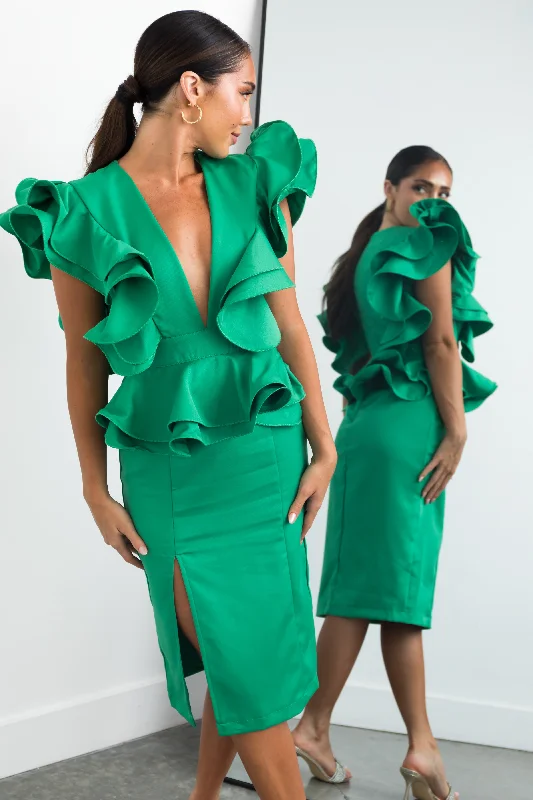 Kelly Green Deep V Neck Ruffle Midi Dress Fashionable Off-Shoulder Dress Midi