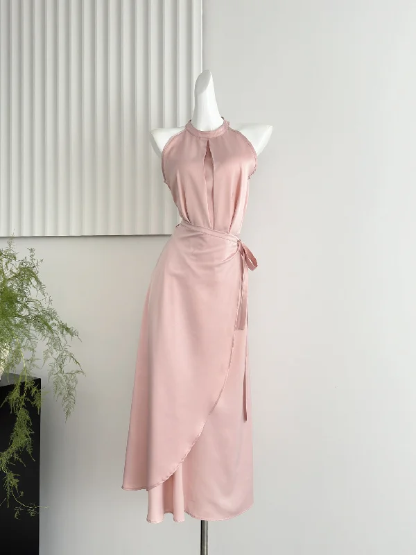 Keyhole Neckline Wrap Skirt  Satin Midi Dress Comfortable Ruched Midi Dress