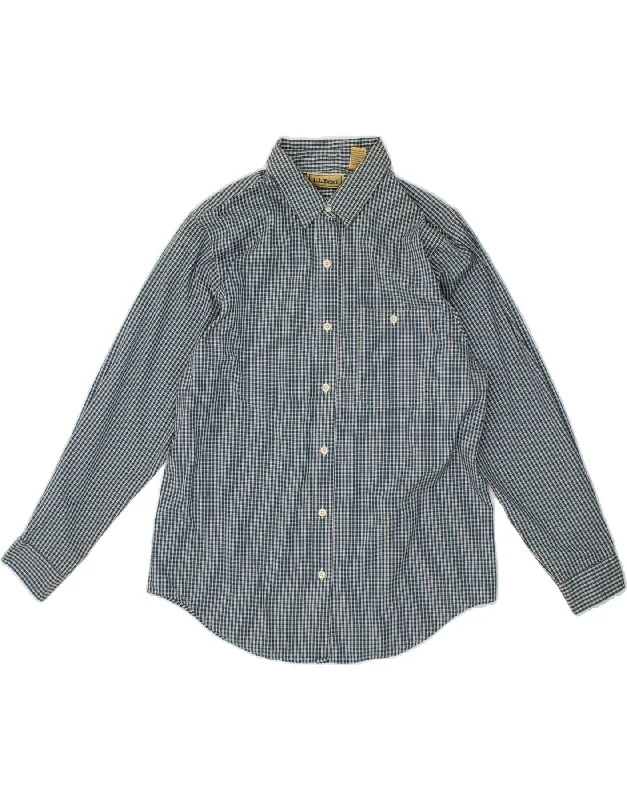 L.L.BEAN Womens Shirt US 12 Large Blue Check Cotton Soft Silk Short Sleeve