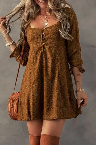 Lace Crochet Buttoned Square Neck Shift Mini Dress Trendy A-Line Mini Dress