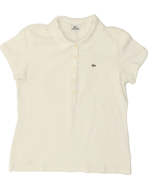 LACOSTE Womens Polo Shirt Size 44 Large White Cotton Trendy Print Short Sleeve