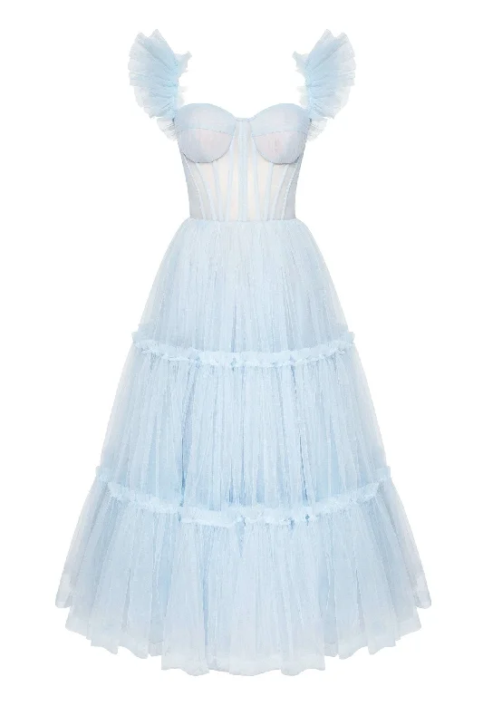 Light Blue Ruffled Tulle Midi Dress Comfortable Denim Midi Dress