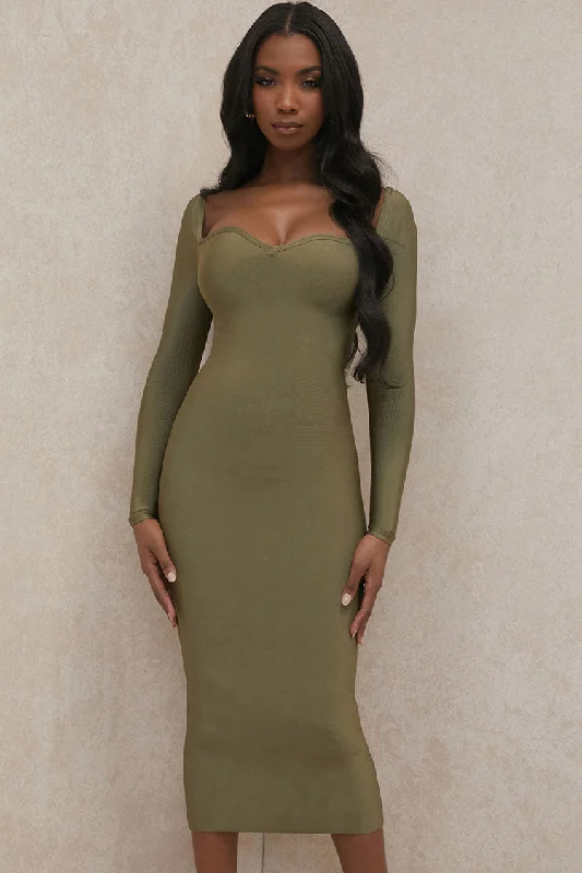 Long Sleeve Sweetheart Neck Bandage Midi Dress - Green Trendy Flared Sleeve Midi Dress