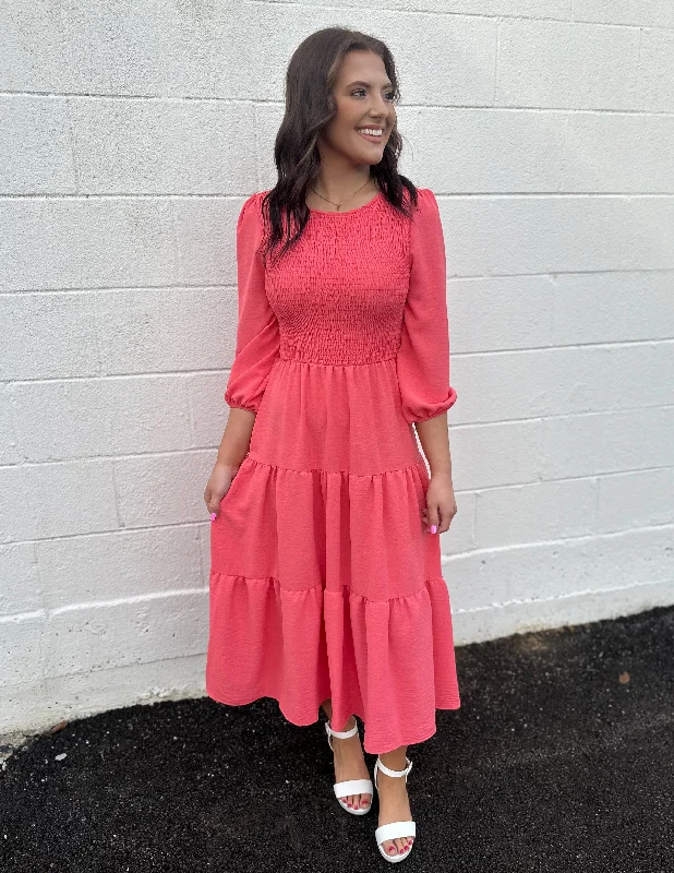 Loved By You Smocked Tiered Midi Dress Coral Trendy Tiered Hem Midi Dress