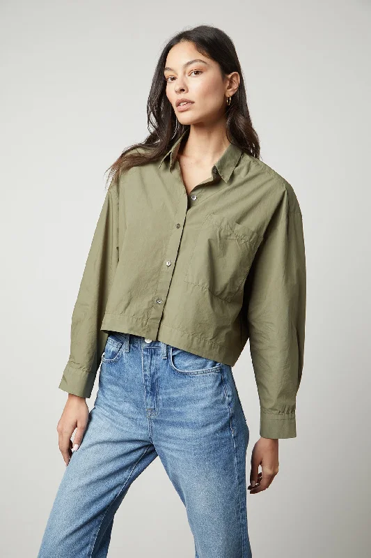 LUCILLE CROPPED BUTTON-UP SHIRT Classic Solid Short Shirt