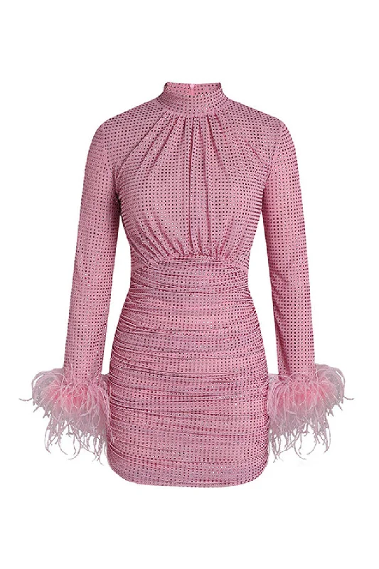 Luxury Feather Trim Long Sleeve Ruched Rhinestone Mesh Party Mini Dress Elegant Tulle Mini Dress