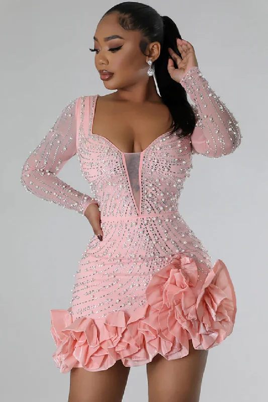 Luxury Plunge Beaded Crystal Mesh Panel Ruffle Bodycon Party Mini Dress Cozy Long Sleeve Mini Dress