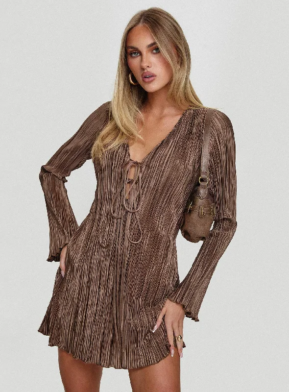 Malop Long Sleeve Mini Dress Chocolate Trendy Mini Dress with Belt