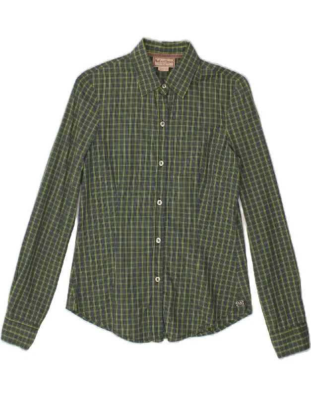 MARLBORO CLASSICS Womens Shirt EU 40 Medium Green Check Cotton Elegant Off-Shoulder Short Shirt