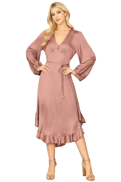 Mauve V Neck Waist Tie Ruffle Hem Midi Dress - Pack of 5 Trendy Ruffled Sleeve Midi Dress