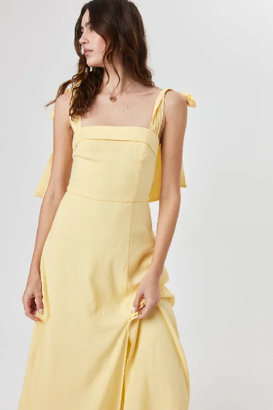 Mellow Yellow Tie Shoulder Midi Dress Stylish Silk Midi Dress