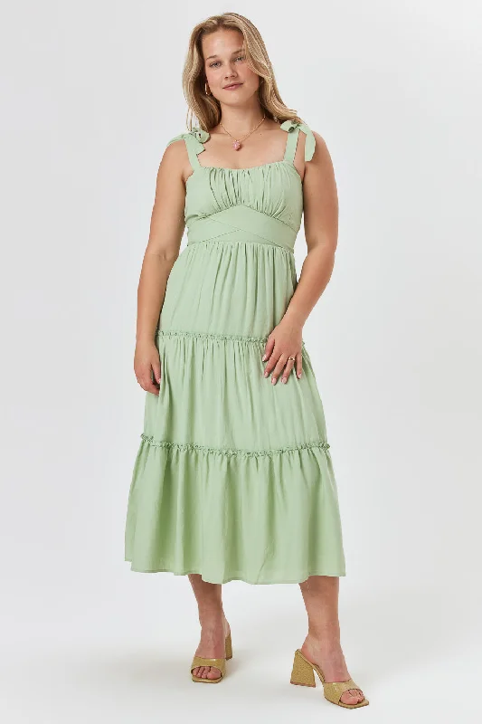 Mint Green Ruffle Midi Dress Fashionable High-Neck Midi Dress