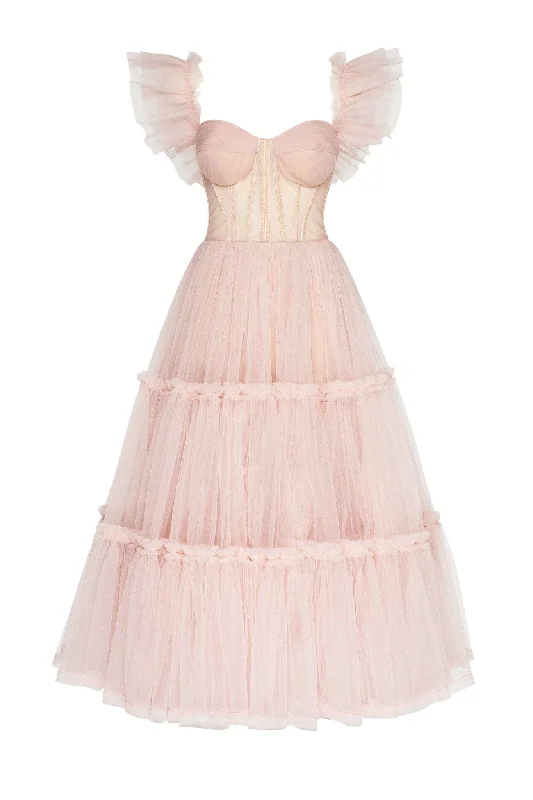 Misty Rose Ruffled Tulle Midi Dress Stylish Tiered Midi Dress