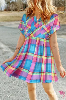 Multicolor Plaid Babydoll Mini Dress Cozy Cowl Neck Mini Dress