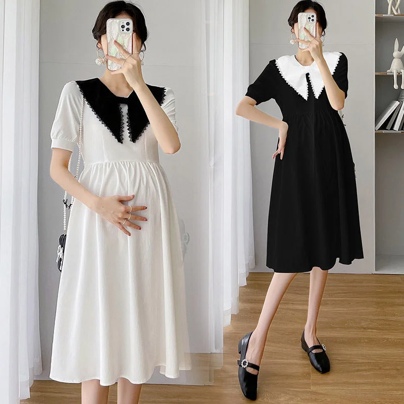 NiDELL Maternity Dress . Maternity round Neck Solid Color Short Sleeve Midi Dress Cozy Knit Midi Dress