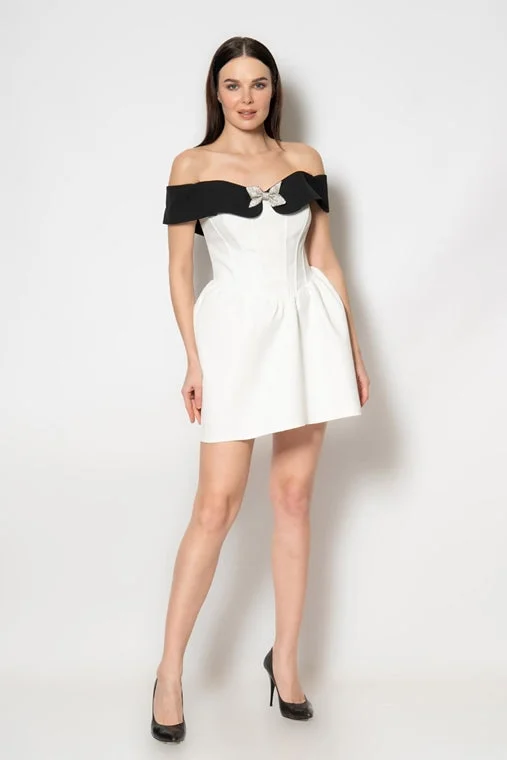 Off-Shoulder Black Collar Mini Dress - White Trendy Bodycon Mini Dress