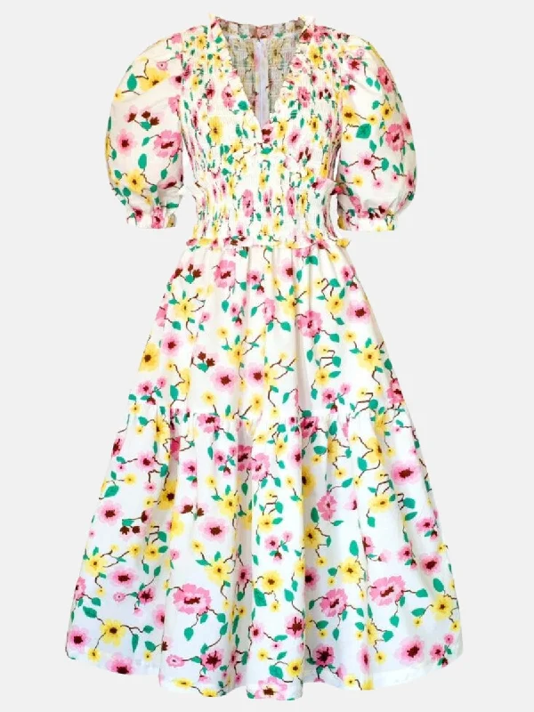 Oliana Floral Smocked Midi Dress Trendy Smocked Waist Midi Dress