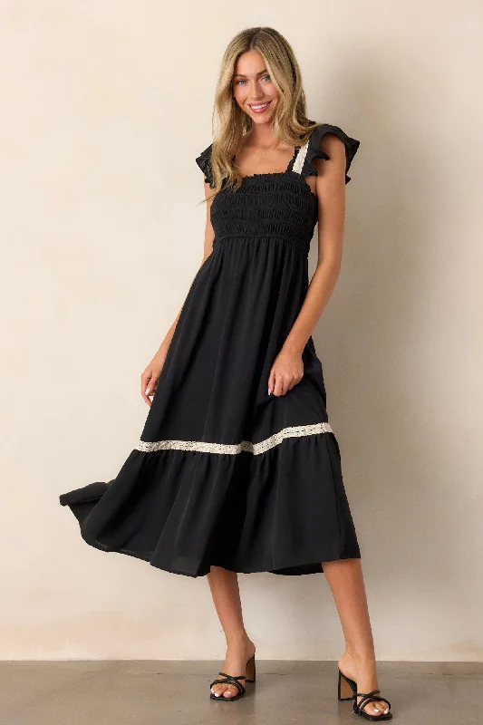 Over the Hills Black Smocked Midi Dress Fashionable Floral Embroidery Midi Dress