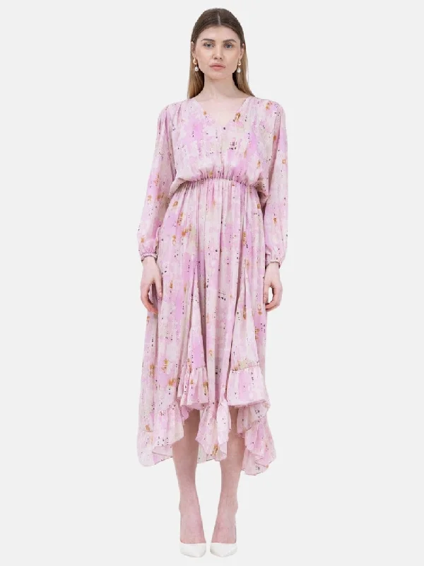 Pink Midi Dress In Abstract Print With Pleats Stylish Long Sleeve Floral Midi Dress