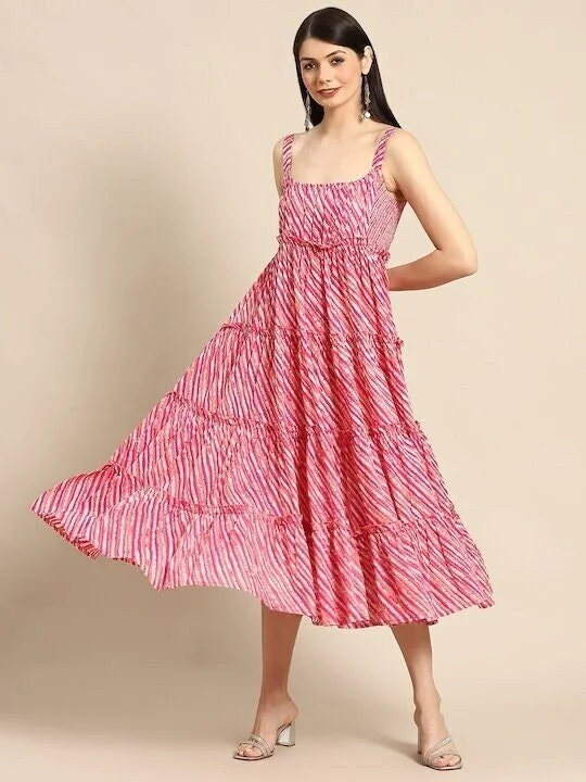Pink & White Leheriya Printed Ruffle Pure Cotton Tiered A-Line Midi Dress Elegant V-Neck Midi Dress Pink & White Leheriya Printed Ruffle Pure Cotton Tiered A-Line Midi Dress Elegant V-Neck Midi Dress