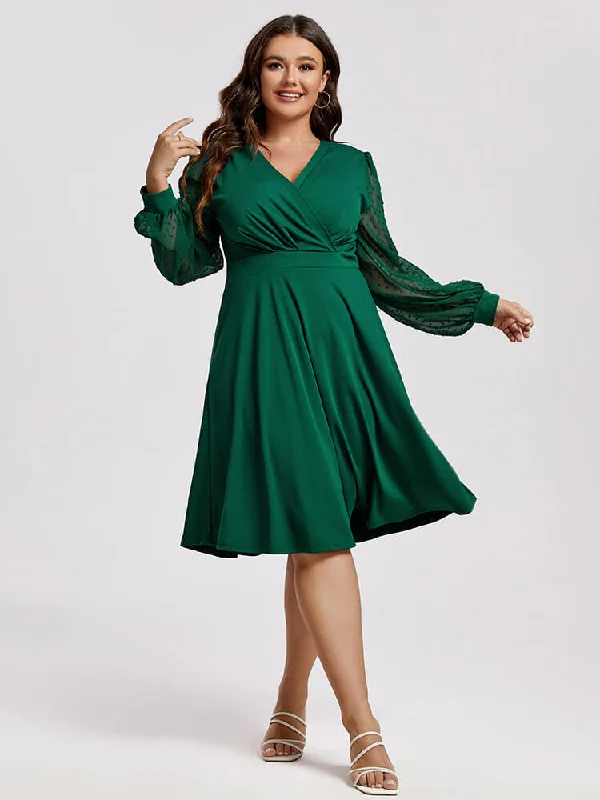 Plus Green Mesh Patchwork Crisscross Ruffle Midi Dress Cozy Midi Dress with Pockets