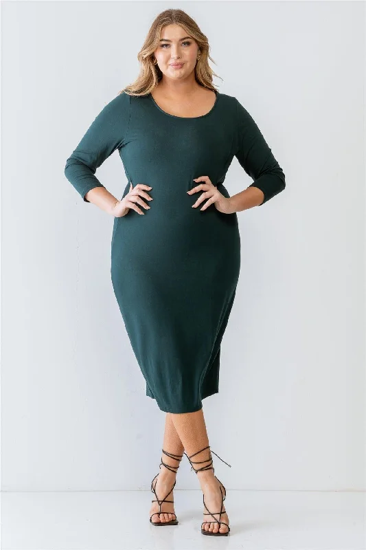 Junior Plus Size Green Basic Long Sleeve Midi Dress /1-2-2-1 Trendy Floral Wrap Midi Dress