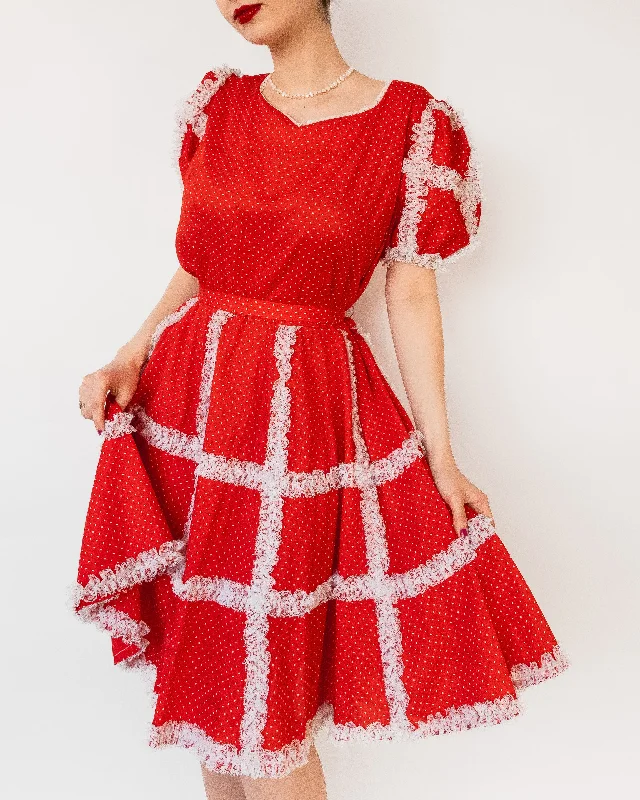 Polka Dot A-line Lace Trim Midi Dress with Puff Sleeves Red Stylish Cold Shoulder Midi Dress