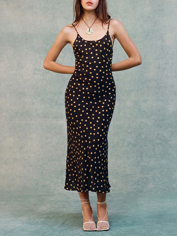 Polka Dot Print V Neck Black Midi Dress Comfortable Fit-and-Flare Midi Dress