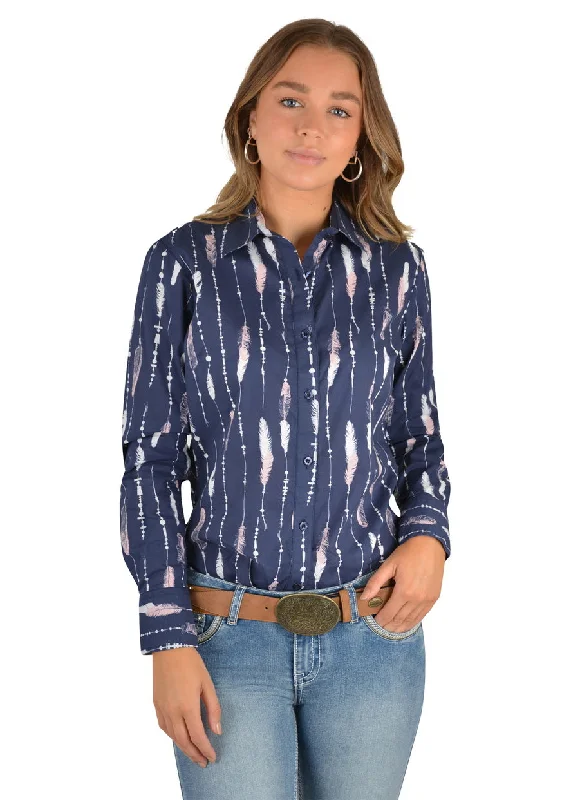 Pure Western Wmns Aleen Print Western LS Shirt Stylish Pleated Short Sleeve