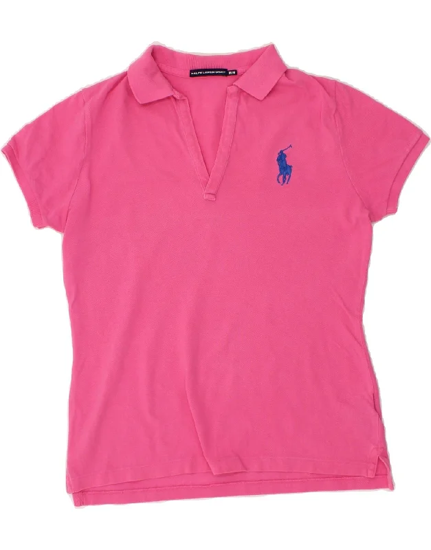 RALPH LAUREN Womens Polo Shirt UK 14 Medium Pink Cotton Elegant Lace Short Sleeve