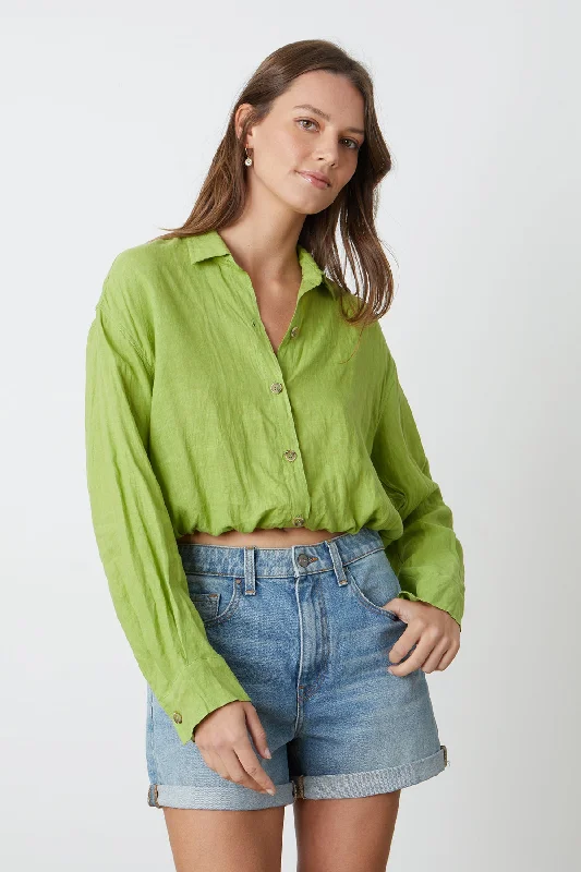 RAVEN LINEN CROPPED SHIRT Classic Denim Short Sleeve