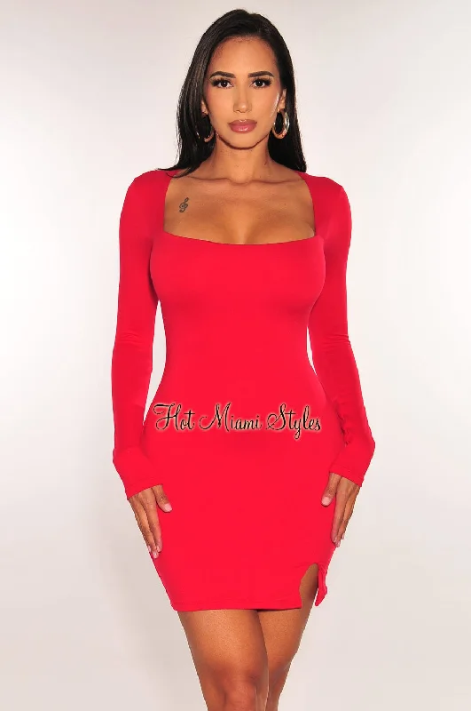 Red Long Sleeve Square Neck Mini Dress Fashionable Mini Dress with Frills