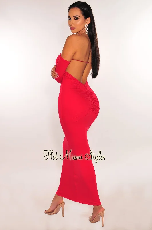 Red Off Shoulder Long Sleeve Scrunch Butt Open Back Midi Dress Trendy Tiered Hem Midi Dress