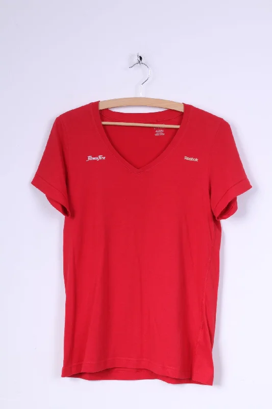 Reebok Womens M  Shirt Fitness First Red V Neck Short Sleeve Summer Relaxed Fit Short Blouse