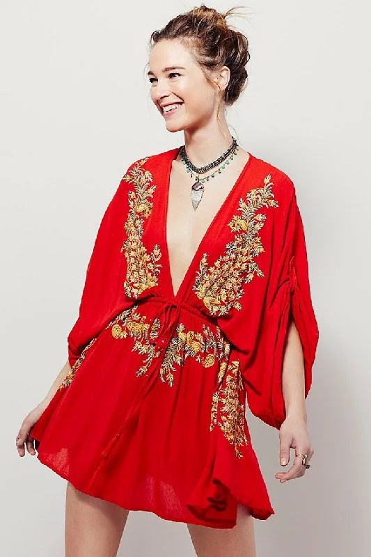 Retro Embroidered Deep V Sleeved Boho Style Mini Dress - Red Classic Shift Mini Dress