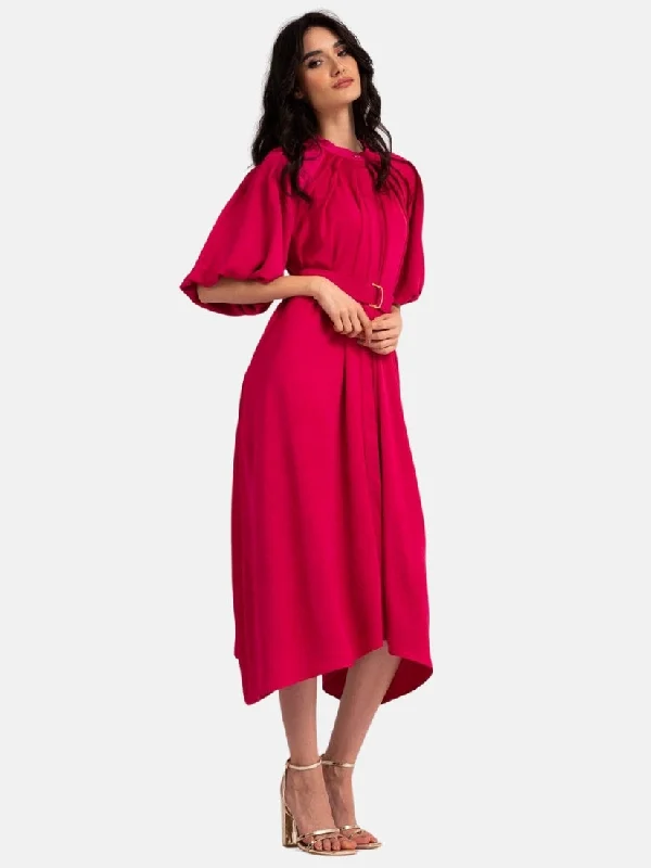 Fuchsia Midi Dress with Raglan Sleeve and Pleats Stylish Off-Shoulder Ruffle Dress