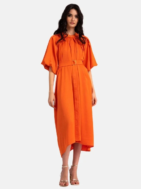 Orange Midi Dress with Raglan Sleeve and Pleats Fashionable Skater Midi Dress