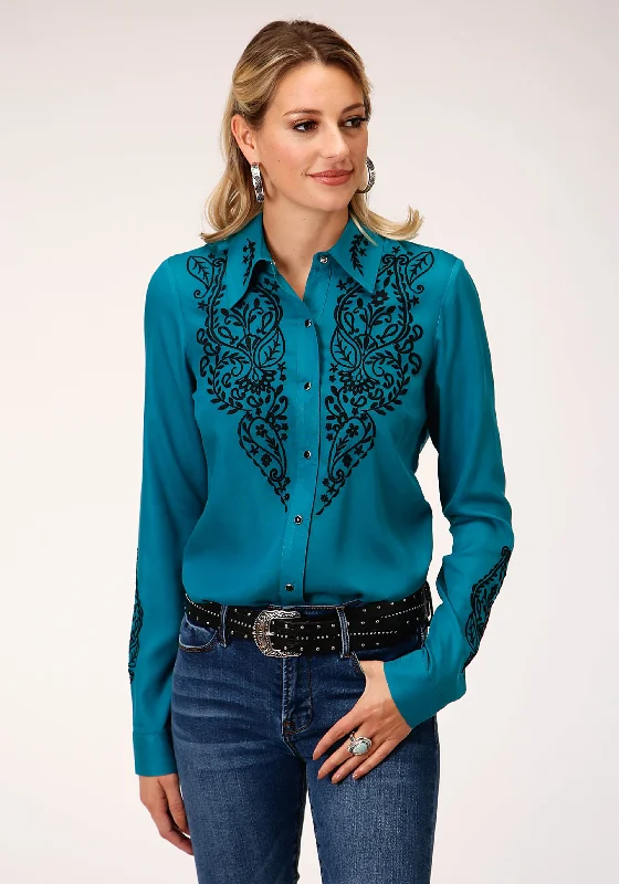 Roper Wms Studio West Collection LS Shirt Solid Green - Black Friday Sale Elegant Lace Short Sleeve