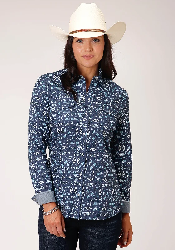 Roper Wms West Made Collection LS Shirt Print Blue - Black Friday Sale Stylish Printed Short Shirt