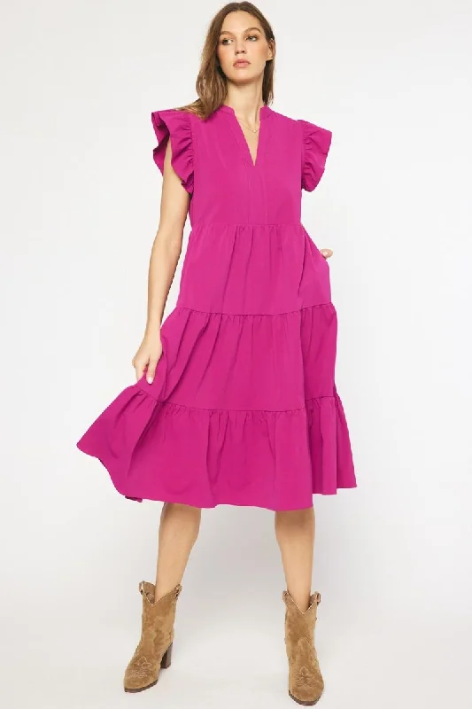 Ruffled Pocket Tiered Midi Dress, Violet Fashionable Polka Dot Midi Dress