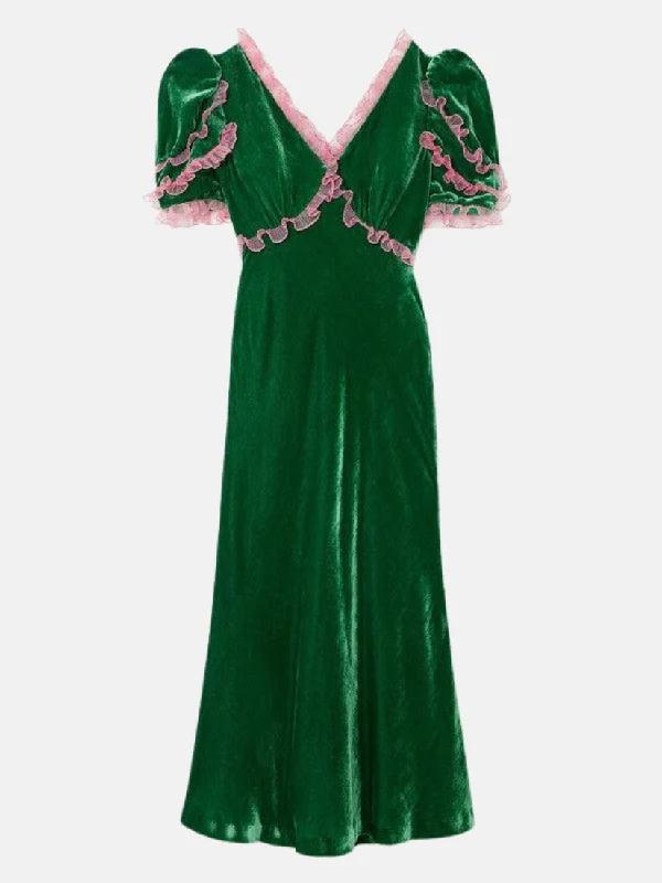 Ruffled Tulle Trimmed Velvet Midi Dress in Green Comfortable Short Sleeve Midi Dress