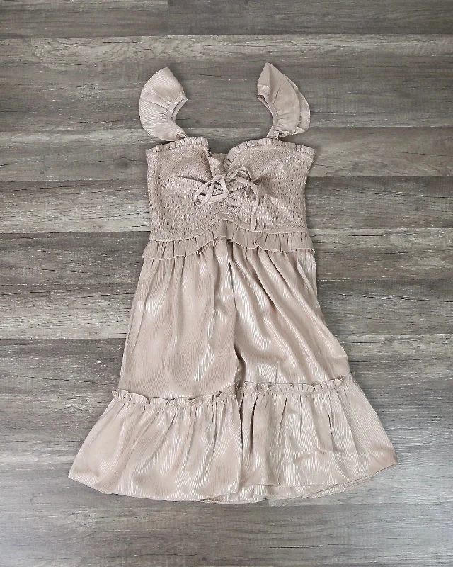 Satin Heart Neckline Smocked Bodice Mini Dress in Champagne Trendy Button-Detail Mini Dress