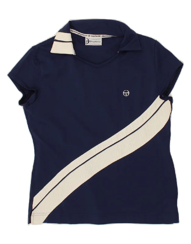 SERGIO TACCHINI Womens Polo Shirt IT 44 Medium Navy Blue Striped Nylon Relaxed Short Sleeve Tee SERGIO TACCHINI Womens Polo Shirt IT 44 Medium Navy Blue Striped Nylon Relaxed Short Sleeve Tee